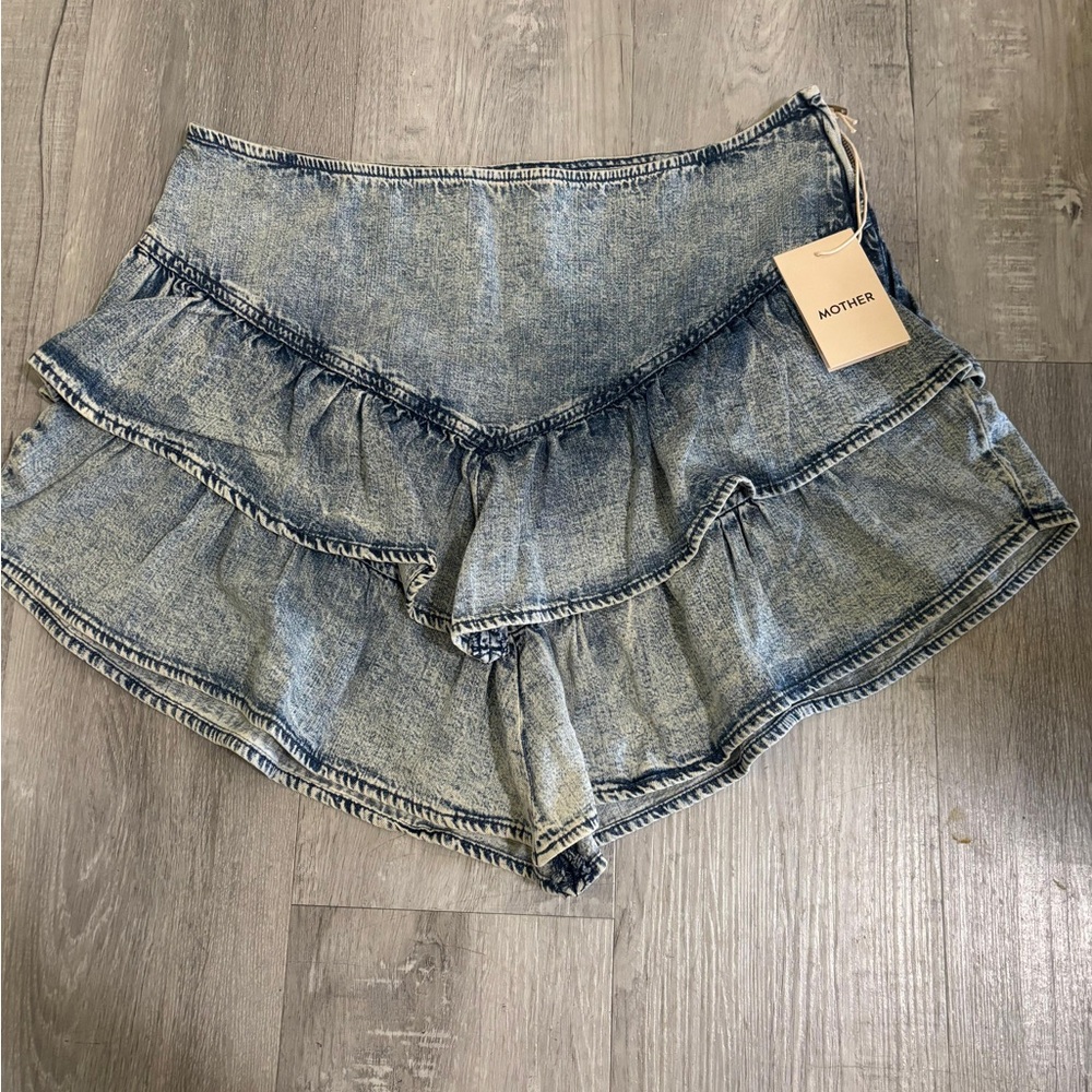 MOTHER Distressed Blue Ruffle Skorts